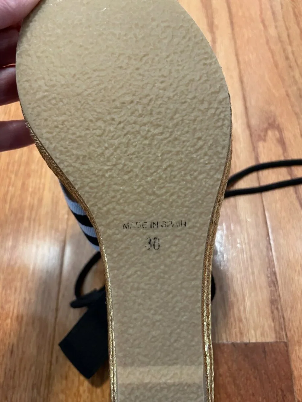 Marc Jacobs Dani Striped Canvas Wedge Espadrille Sandals Gold Heel Size 38
